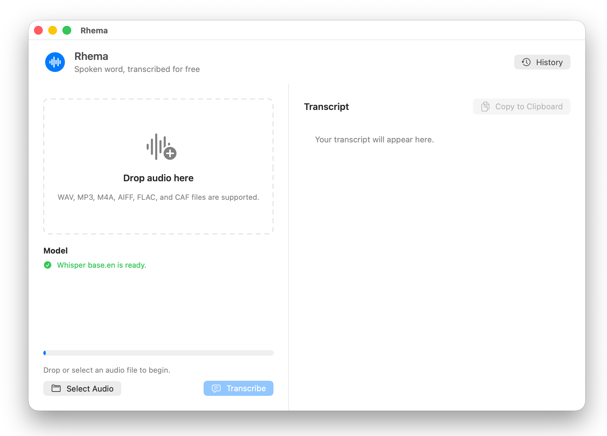 Rhema showing an audio drop zone, Whisper model status, and transcript panel.